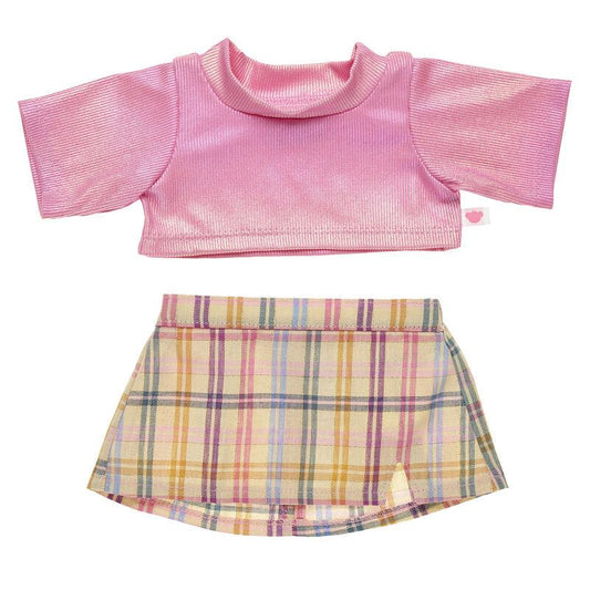 2 pc. Pink Top and Plaid Skirt Outfit