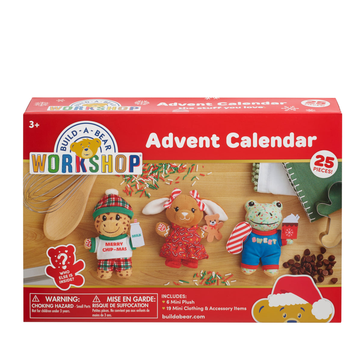 Build-A-Bear Workshop Advent Calendar toy set in its retail box, featuring plush holiday characters and accessories on a red front panel.