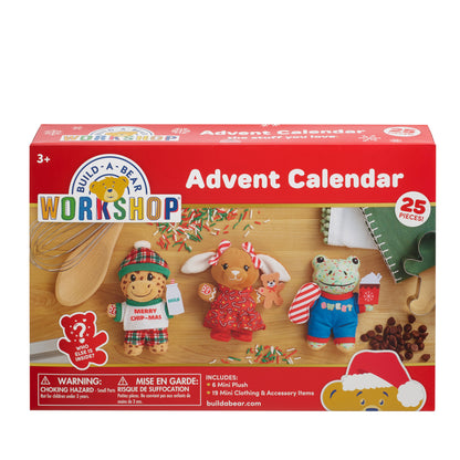 Build-A-Bear Workshop Advent Calendar toy set in its retail box, featuring plush holiday characters and accessories on a red front panel.